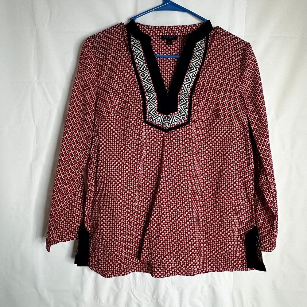 Talbots Tunic Blouse Red W/White Navy Patterned Detail Size Small long sleeve